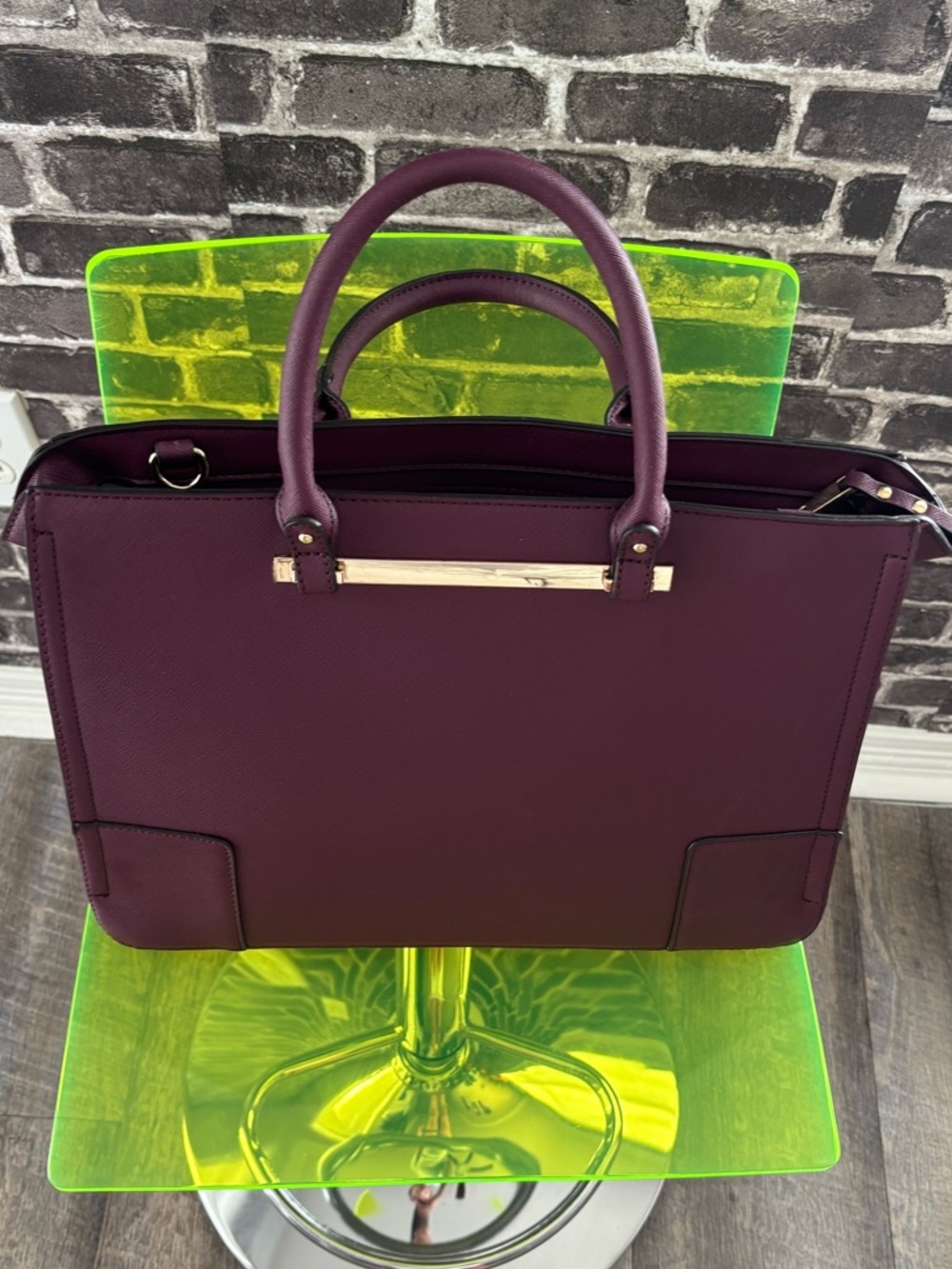 Structured Plum Satchel Handbag with Gold Accents